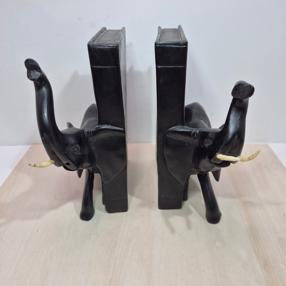 Vintage Hand Carved Wood Elephant Bookend Dark Finish Pair 7.5 Inch missing tusk